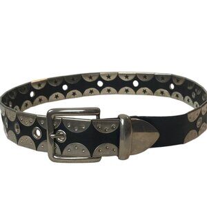 Black Leather Belt With Silver Coloured Flat Studs Statement Piece Size S